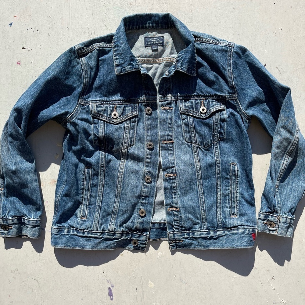 Women's Lucky Brand Jacket Blue Tomboy Trucker L‎ Denim Heart Logo Classic 50s